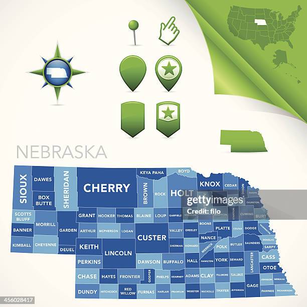 illustrations, cliparts, dessins animés et icônes de nebraska comté de carte - kearney-nebraska