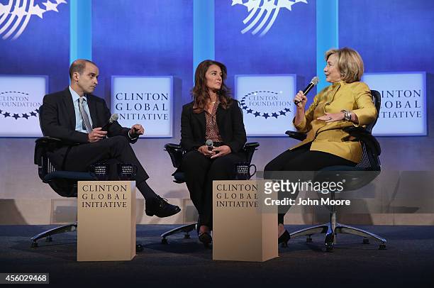 Former U.S. Secretary of State Hillary Clinton speaks during a discussion with Melinda Gates, Co-chair and Trustee of the Bill & Melinda Gates...