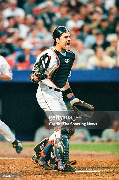Mike Piazza of the New York Mets during Game Three of the National League Championship Series against the St. Louis Cardinals on October 14, 2000 at...