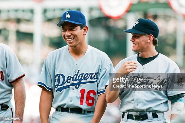 Hideo Nomo of the Los Angeles Dodgers during the 1995 All Star Weekend on July 10, 1995 at The Ballpark at Arlington in Arlington, Texas.