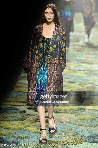 Model walks the runway at the Dries Van Noten Spring Summer 2015 fashion show during Paris Fashion Week on September 24, 2014 in Paris, France.
