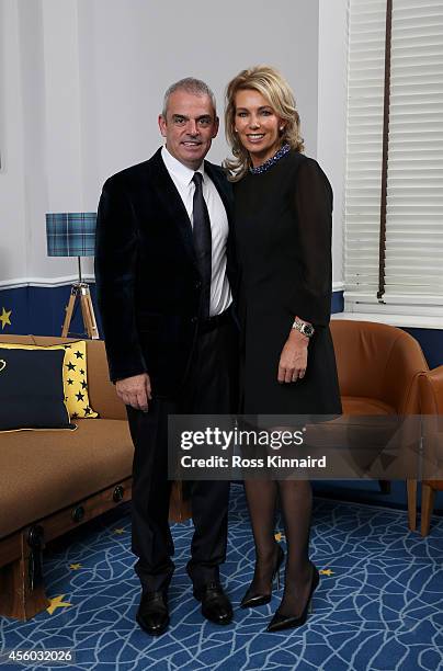 Europe team captain Paul McGinley and his wife Allison McGinley pose for a photograph at the Gleneagles Hotel before leaving for the Ryder Cup Team...