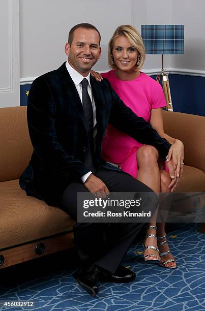 Sergio Garcia of Europe and his partner Katharina Boehm pose for a photograph at the Gleneagles Hotel before leaving for the Ryder Cup Team Gala...