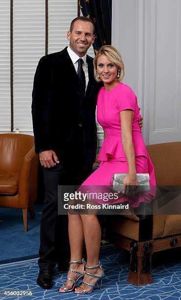 Sergio Garcia of Europe and his partner Katharina Boehm pose for a photograph at the Gleneagles Hotel before leaving for the Ryder Cup Team Gala...