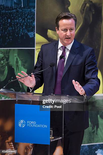 British Prime Minister David Cameron speaks during a high-level meeting at the Ford Foundation on post-2015 anti-poverty goals, on September 24 in...