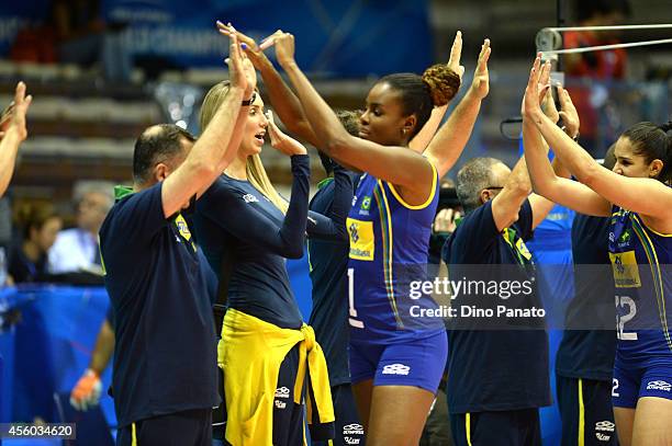 Fabiana Claudino of Brazil celebrates after the matches during the FIVB Women's World Championship pool B match between Cameroon and Brazil on...