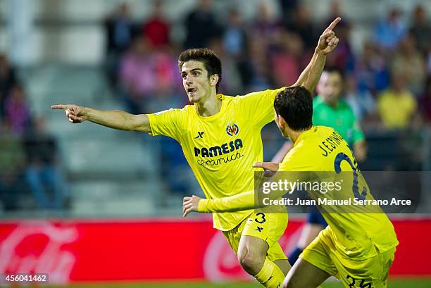 Gerard Moreno of Villarreal celebrates after scoring their first goal during the La Liga match between SD Eibar and Villarreal CF at Ipurua Municipal...