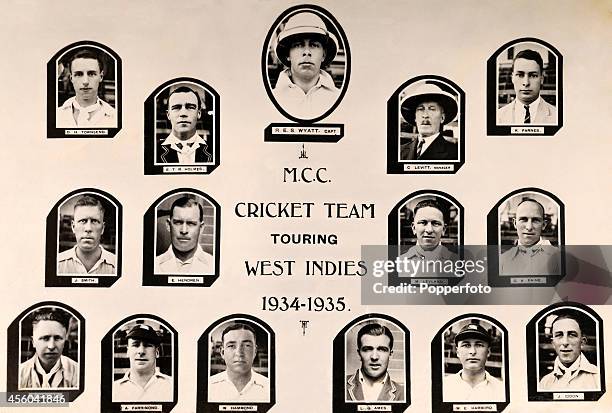 Photo montage of the England cricket team, under the auspices of the Marylebone Cricket Club, which toured the West Indies, circa December 1934. Top...