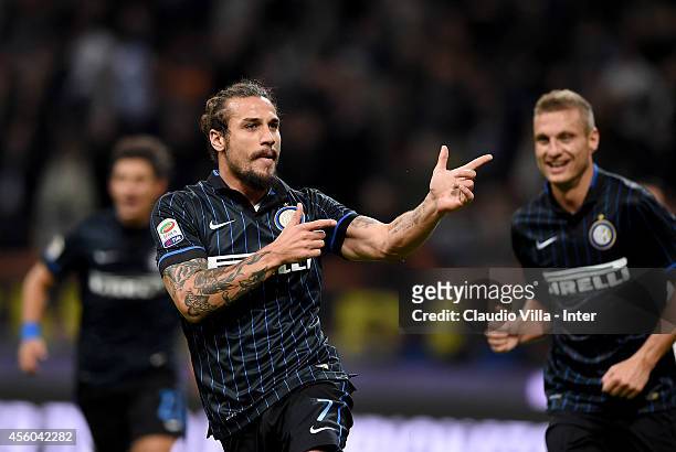 Pablo Daniel Osvaldo of FC Internazionale celebrates scoring the first goal during the Serie A match between FC Internazionale Milano and Atalanta BC...