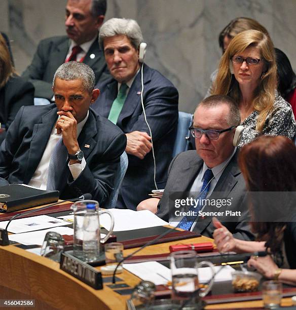 President Barack Obama, Secretary of State John Kerry and Ambassador to the United Nations Samantha Power listen to Argentina's President Cristina...