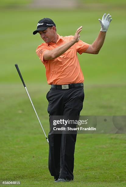 Darren Fichardt of South Africa plays a shot during the weather delayed second round of the Nelson Mandela Championship at Mount Edgecombe Country...