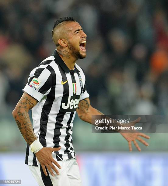 Arturo Vidal of Juventus FC celebrates the goal of 2-0 during the Serie A match between Juventus FC and AC Cesena at Juventus Arena on September 24,...