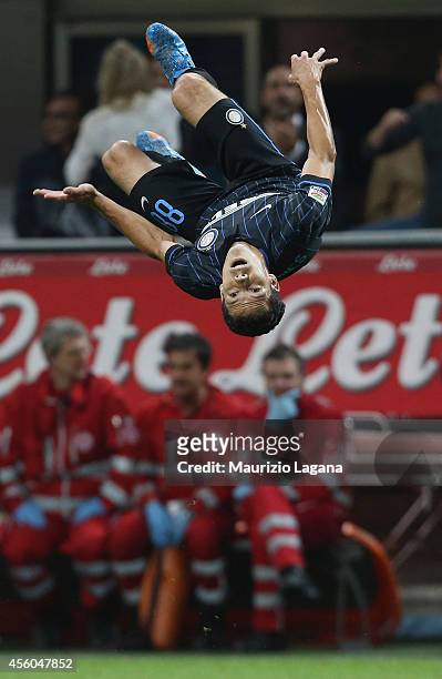 Hernanes of FC Internazionale celebrates after scoring his team's second goal during the Serie A match between FC Internazionale Milano and Atalanta...