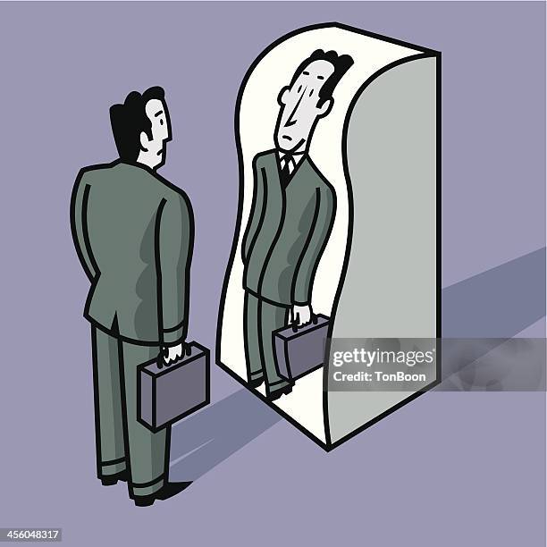 man in front of a distorting mirror - self reflection stock illustrations