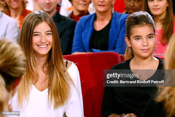 Elisa and Toscane, daughters of Cristana Reali and Francis Huster attends the 'Vivement Dimanche' French TV Show at Pavillon Gabriel on September 24,...