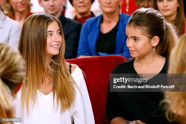 Elisa and Toscane, daughters of Cristana Reali and Francis Huster attends the 'Vivement Dimanche' French TV Show at Pavillon Gabriel on September 24,...