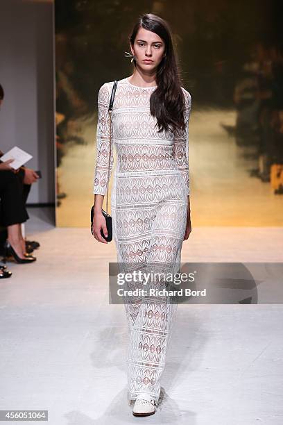 Model walks the runway during the Kaviar Gauche show as part of the Paris Fashion Week Womenswear Spring/Summer 2015 on September 24, 2014 at Espace...