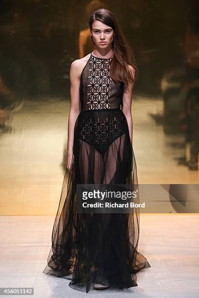 Model walks the runway during the Kaviar Gauche show as part of the Paris Fashion Week Womenswear Spring/Summer 2015 on September 24, 2014 at Espace...