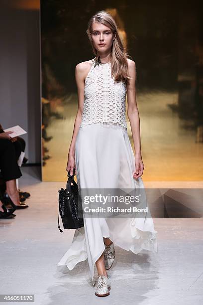 Model walks the runway during the Kaviar Gauche show as part of the Paris Fashion Week Womenswear Spring/Summer 2015 on September 24, 2014 at Espace...