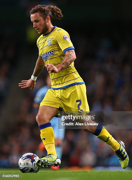 Stevie May of Sheffield Wednesday during the Capital One Cup Third Round match between Manchester City and Sheffield Wednesday at Etihad Stadium on...