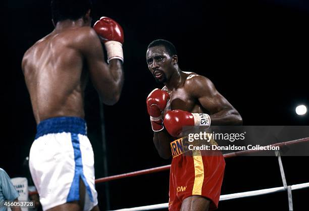 Thomas 'Hitman' Hearns and James 'Black Gold' Shuler at boxing match on March 10, 1986 in Caesars Palace, Las Vegas, Nevada.