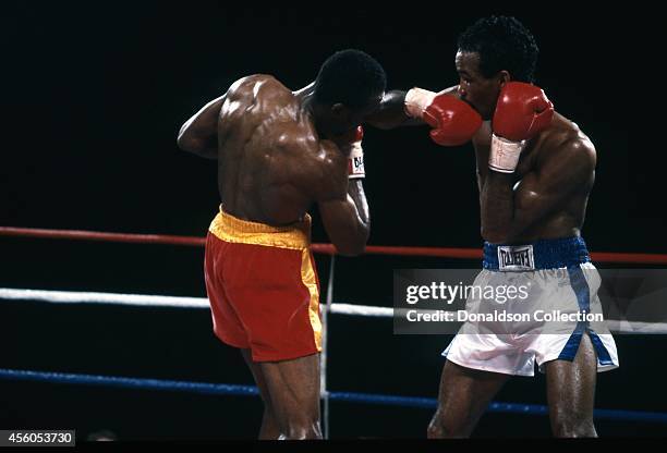 Thomas 'Hitman' Hearns and James 'Black Gold' Shuler at boxing match on March 10, 1986 in Caesars Palace, Las Vegas, Nevada.