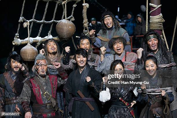South Korean actors Lee Kyung-Young, Kim Nam-Gil, Son Ye-Jin and Sulli of girl group f are seen on location for "The Pirates" on December 12, 2013 in...