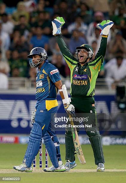 Umar Akmal of Pakistan appeal the wicket of TM Dilshan of Srilanka during the second Twenty20 International match between Pakistan and Sri Lanka at...