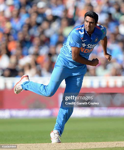 Ashwin of India bowls during the NatWest International T20 between England and India at Edgbaston on September 7, 2014 in Birmingham, England.