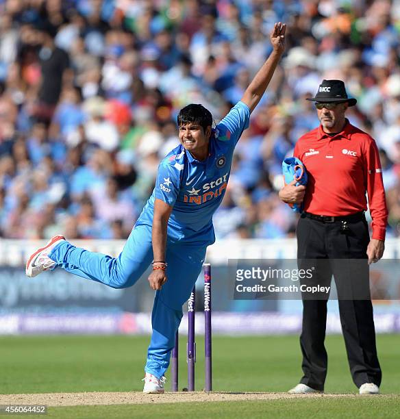 Karn Sharma of India bowls during the NatWest International T20 between England and India at Edgbaston on September 7, 2014 in Birmingham, England.