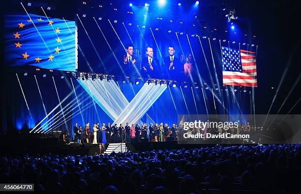 General view with the Europe and the United States teams on stage during the 2014 Ryder Cup Gala Concert at the SSE Hydro on September 24, 2014 in...