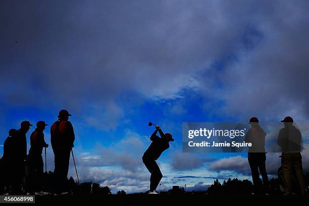 Keegan Bradley of the United States tees off during practice ahead of the 2014 Ryder Cup on the PGA Centenary course at the Gleneagles Hotel on...