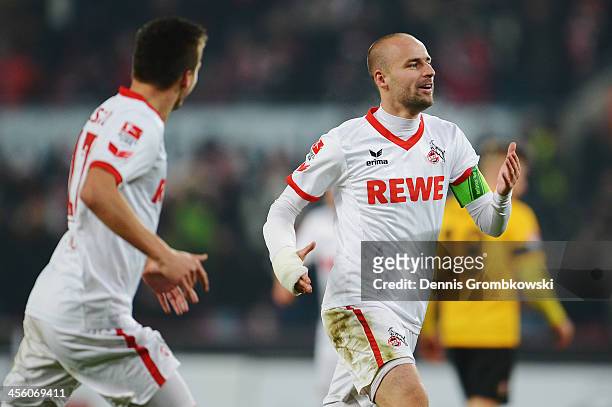 Miso Brecko of 1. FC Koeln celebrates after scoring his team's third goal during the Second Bundesliga match between 1. FC Koeln and Dynamo Dresden...