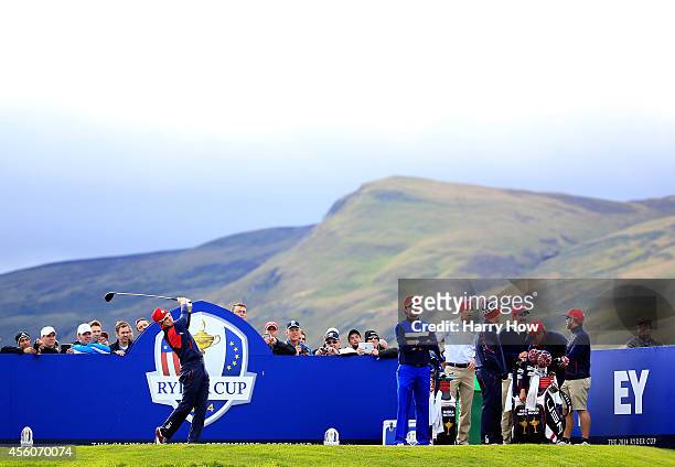 Zach Johnson of the United States tees off during practice ahead of the 2014 Ryder Cup on the PGA Centenary course at the Gleneagles Hotel on...