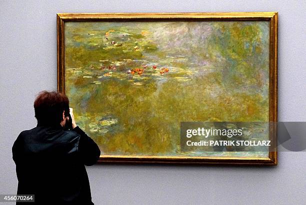 Visitor looks at a painting Nympheas by French painter Claude Monet displayed in the exhibition "Monet, Gauguin, van Gogh... Inspiration Japan" at...