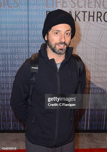 Computer Scientist Sergey Brin of Google arrives at the Breakthrough Prize Inaugural Ceremony at NASA Ames Research Center on December 12, 2013 in...