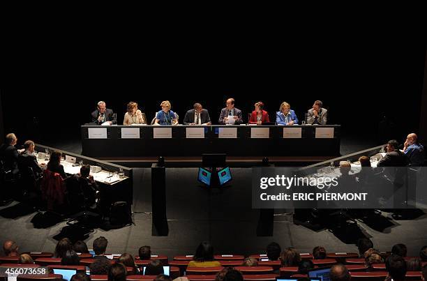 Internet giant Google Chief Legal Officer David Drummond listens flanked by panel members, UN Special Rapporteur on the Promotion and Protection of...