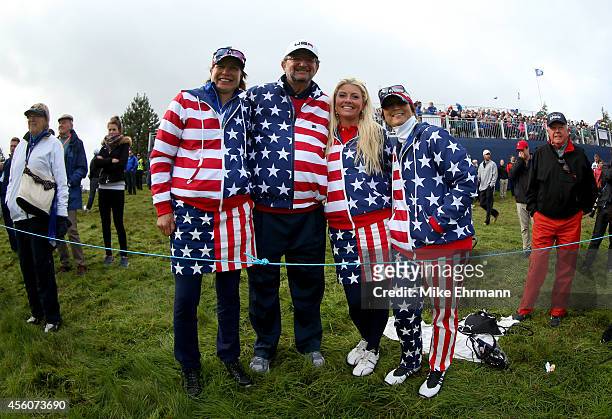 United States fans pose during practice ahead of the 2014 Ryder Cup on the PGA Centenary course at the Gleneagles Hotel on September 25, 2014 in...