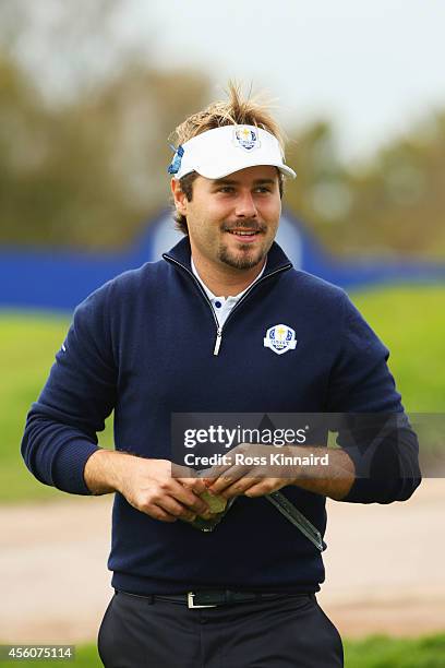 Victor Dubuisson of Europe looks on during practice ahead of the 2014 Ryder Cup on the PGA Centenary course at the Gleneagles Hotel on September 25,...