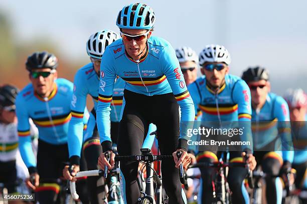 Johan Vansummeren of leads the Belgium team in action during training for the UCI World Road Race Championships on September 25, 2014 in Ponferrada,...