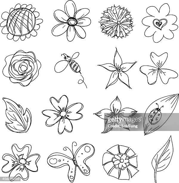 flowers collection in black and white - bee stock illustrations