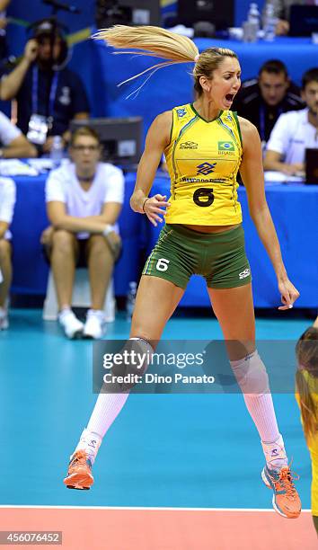 Thaisa Menezes of Brazil celebrates during the FIVB Women's World Championship pool B match between Canada and Brazil on September 25, 2014 in...