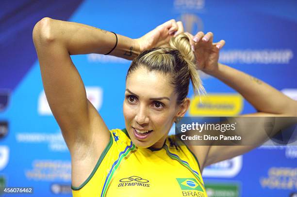 Thaisa Menezes of Brazil looks on after the FIVB Women's World Championship pool B match between Canada and Brazil on September 25, 2014 in Trieste,...