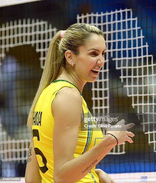 Thaisa Menezes of Brazil reacts during the FIVB Women's World Championship pool B match between Canada and Brazil on September 25, 2014 in Trieste,...