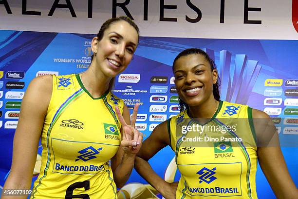 Fernanda Rodrigues and Thaisa Menezes of Brazil poses in mixed zone after the FIVB Women's World Championship pool B match between Canada and Brazil...