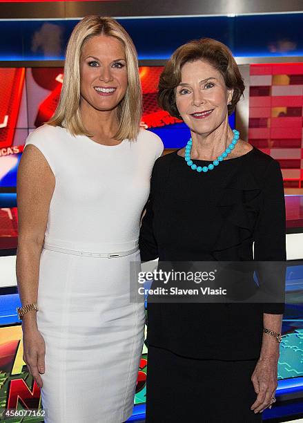 Fox News anchor Martha MacCallum and former First Lady of the United States Laura Bush pose at FOX's "America's Newsroom" at FOX Studios on September...