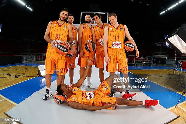 Pietro Aradori, #21; Vladimir Micov, #5; Ian Vougiouskas, #15; Kerem Gonlum, #12; Martynas Pocius, #17 and Nolan Smith, #22 poses during the...