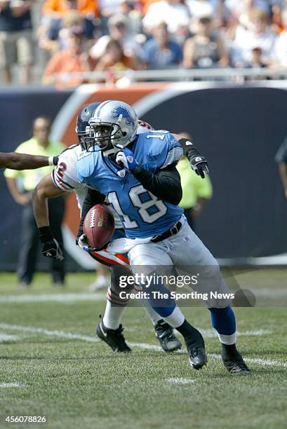 Eddie Drummond of the Detroit Lions runs with the ball during a game against the Chicago Bears on September 18, 2005 at Soldier Field in Chicago,...