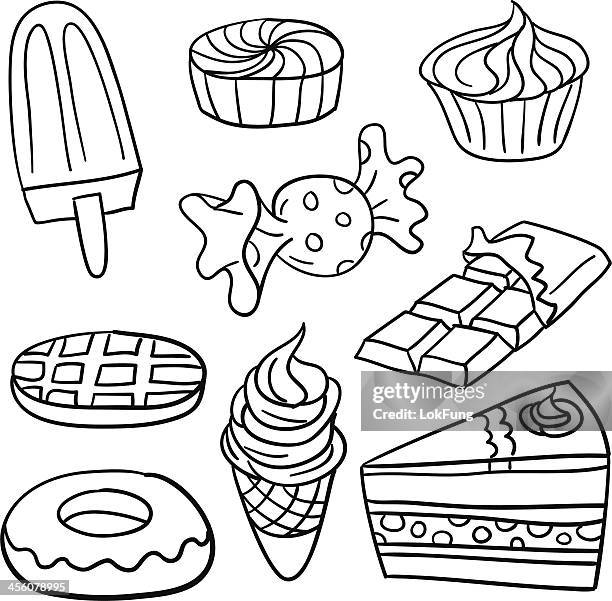 ilustraciones, imágenes clip art, dibujos animados e iconos de stock de colección de dulces en blanco y negro - chocolate