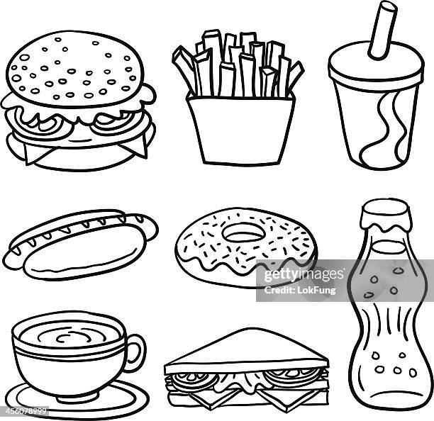 fastfood-sammlung in schwarz und weiß - burger stock-grafiken, -clipart, -cartoons und -symbole